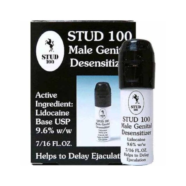 A green background with the text "Stud 100" at the top. Below, a white graphic of a rocket—symbolizing the sensitive journey beyond boundaries—with a circular trail and small stars surrounds it, capturing both delay ejaculation aspirations and celestial d