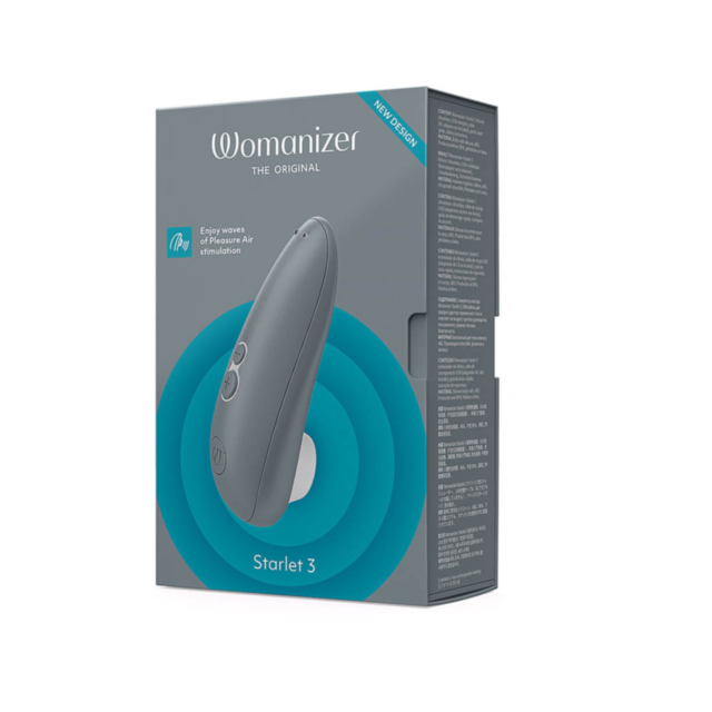 An emblem encircles a rocket illustration, evoking Pleasure Air Technology, surrounded by stars and a planet. The scene is set against a green background featuring the product name "Womanizer Starlet 3 Gray" at the top.