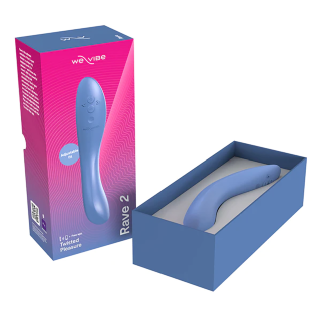 A rocket icon inside a circle with stars, set against a green background. The text above reads We-Vibe Rave-Blue, suggesting an adjustable fit to launch your imagination into a g-spot experience of epic discovery.