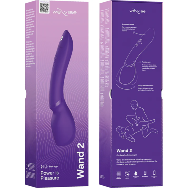 Two purple boxes display the We-Vibe Wand 2-Purple, a cordless vibrating massager. The packaging features images, diagrams, and text highlighting its powerful vibrations and compatibility with the We-Vibe app.