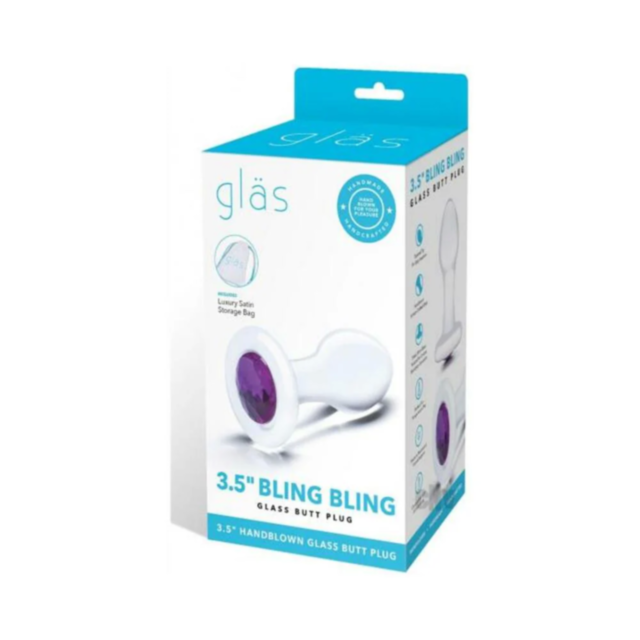 Text reads "Glas 3.5in Bling Bling Glass Butt Plug" with a graphic of a rocket soaring through a circle adorned with stars, set against a green background. This beginner-friendly design effortlessly captures curiosity and imagination.