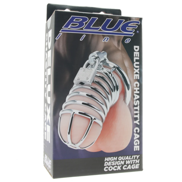 The packaging highlights the Blue Deluxe Chastity Cage Stainless Steel from the Blue Line collection, featuring an image that emphasizes its high-quality design.