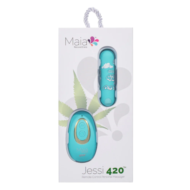 A sky-blue background with white text saying "Maia-Jessie 420 Remote" above a circular graphic of a rocket with stars, flying over a planet, reminiscent of a super-charged mini-bullet soaring through the cosmos.