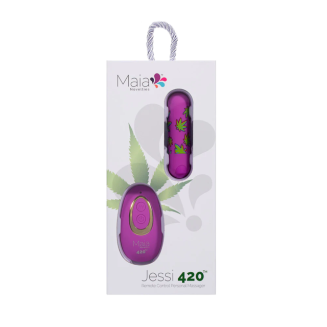 A Maia-Jessie 420 Remote Green Leaf-Purple icon features a simplified rocket launching in a circular frame adorned with stars. The background is green, and the "No Image" text is displayed at the top, showcasing its sleek silicone coating for a modern tou