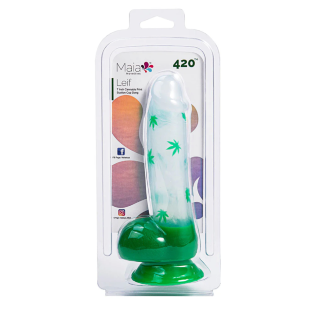 A green square with the text "No Image" in white at the top. Below, there's a white circular graphic featuring a rocket, stars, and a planet nestled within—a design as intriguing as discovering the versatility of the Maia-Leif 7.5in Cannabis Print Dildo.