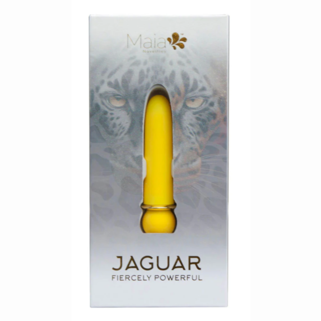 A light grey rocket icon represents the Maia-Jaguar Bullet-Yellow, crafted from body-safe silicone, against a backdrop of stars and a planet on dark green. The text above says No Image.