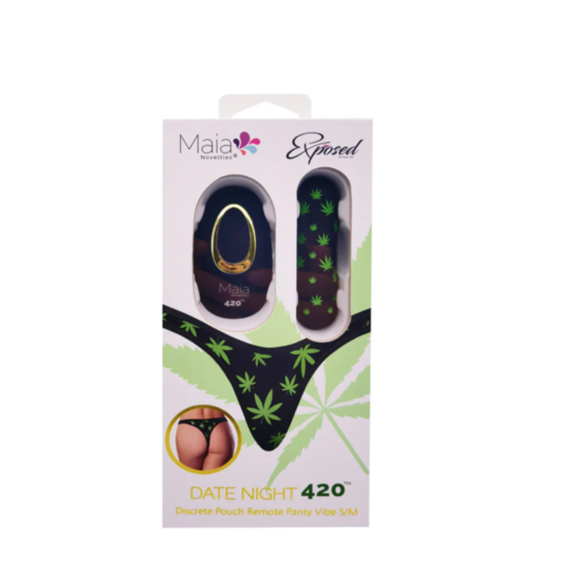 The Maia-Date Night 420 Panty Vibe-Sm Md delivers a thrilling experience with its remote control feature. It comes neatly packaged with a Magic Silk Thong featuring cannabis leaf designs, and the box elegantly displays images of this exciting panty vibe s