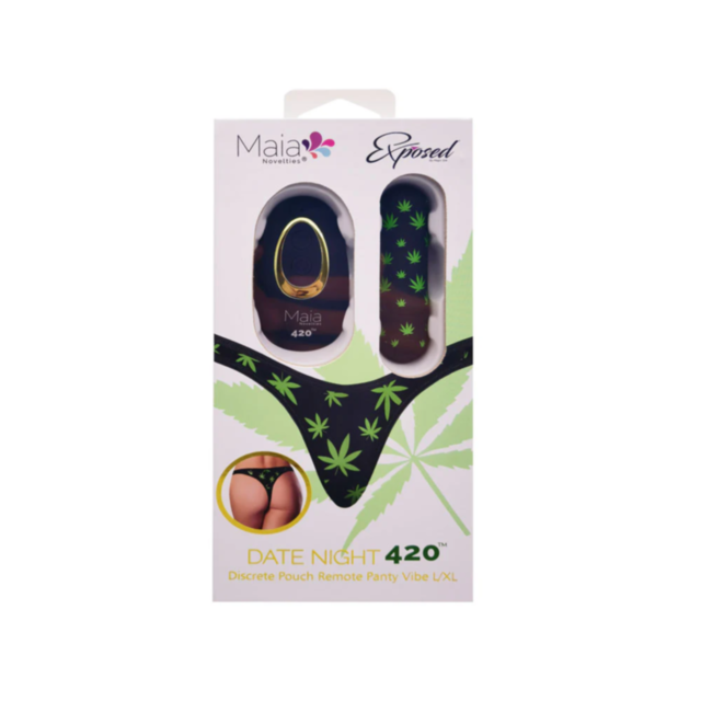 The packaging for the Maia-Date Night 420 Panty Vibe-L XL includes a stylish black pouch decorated with a pattern of green cannabis leaves and comes with a discreet remote control. The box has a cutout, allowing you to view the contents set against an ele