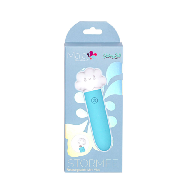 The image displays the packaging of a Maia-Stormee Cloud Direct Charge Bullet, a rechargeable mini vibe with 10 vibrating functions. The box is light blue with an adorable cloud design on the device and colorful graphics in the background, equipped with a