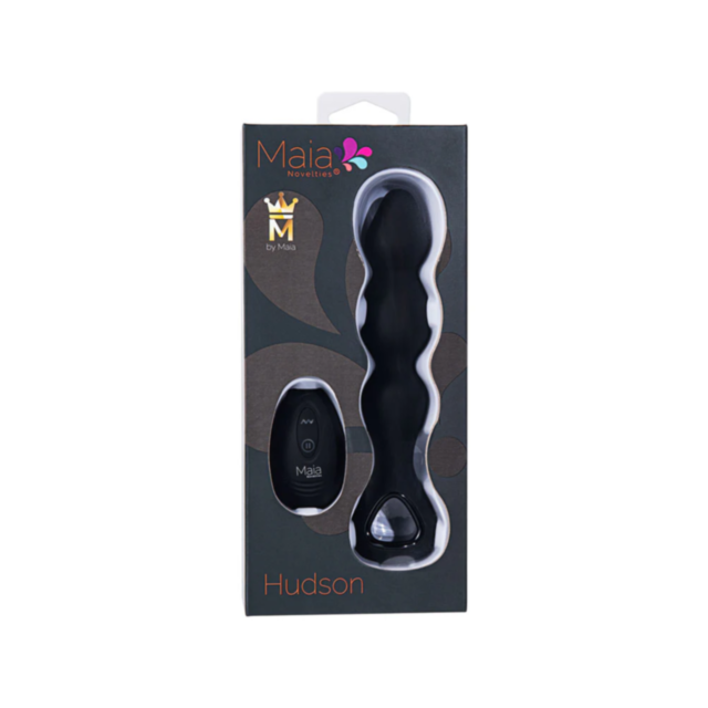 The packaging of the Maia-Hudson 10 Funct RC Anal Vibe-Black highlights a stylish, black wavy-shaped personal massager crafted from body-safe silicone. It comes with a wireless remote control for easy operation and is elegantly presented in a transparent 