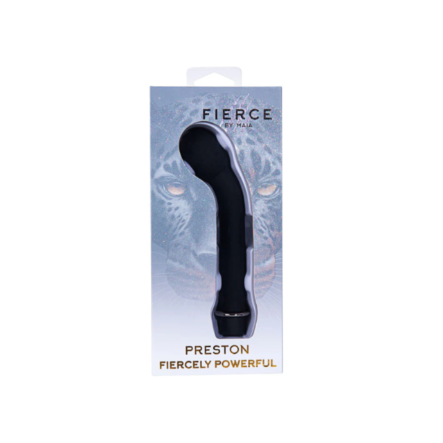 A black, curved Maia-Preston 10 Function Rechargeable personal massager with a silicone coating is presented in its packaging. The box features a leopard design in the background with the words FIERCE BY MAIA and PRESTON FIERCELY POWERFUL printed on it, e