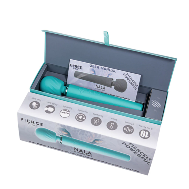 The turquoise packaging reveals the Maia-Nala 10 Function Fully Submersible Wand made from medical-grade silicone, alongside a user manual. The box showcases icons and text emphasizing features such as powerful vibration, water resistance, and USB chargin