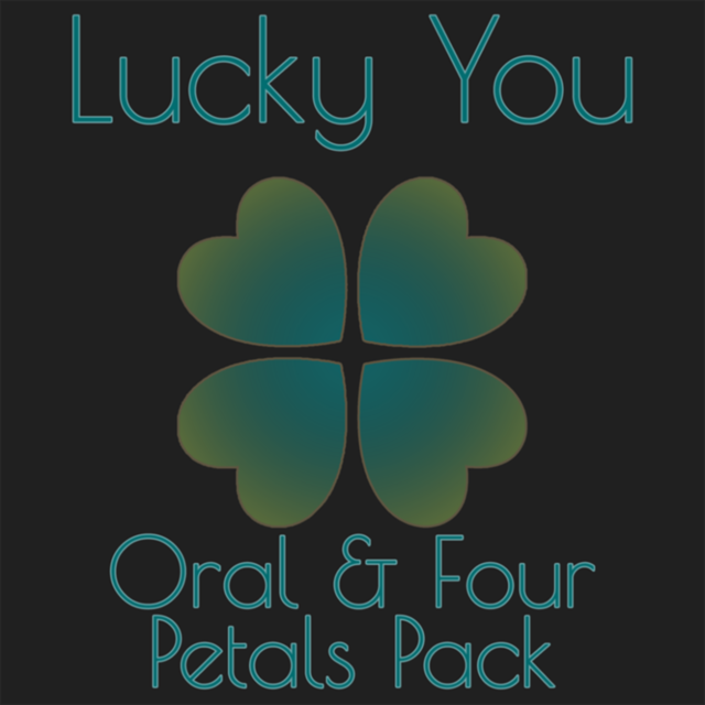 Graphic design featuring the text Lucky Clover Games-Level 4&Oral Booster Pack above and below a four-leaf clover made of heart-shaped leaves, set against a black background.