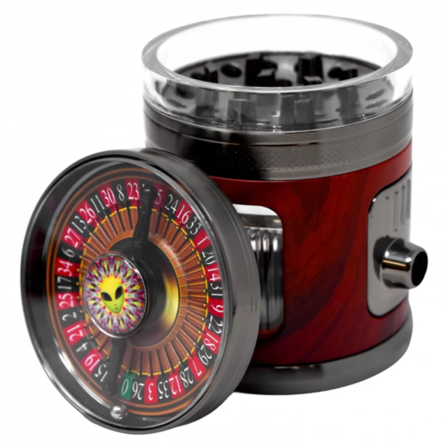 Introducing the 63mm 4pc Crushers LED Wooden Finish Roulette Grinder: a rotating shot glass roulette game featuring a stylish red and black wooden finish with a sleek side spout. It includes numbered slots from 0 to 36 surrounding a central yellow face de