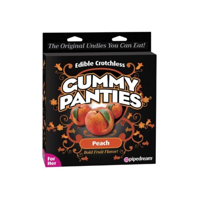 Green square with a stylized rocket and planet illustration. The text "Edible Crotch Gummy Panties Peach" is displayed above the rocket, reminiscent of a playful mystery—like discovering a secret sexy treat.