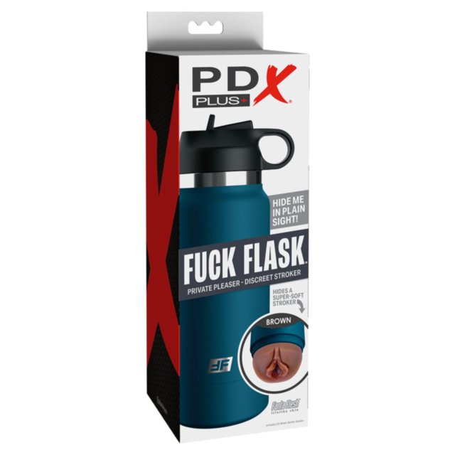 A circular design featuring a rocket and stars on a green background cleverly disguises the product as a discreet water bottle stroker, while its true identity is the PDX Plus-Fuck Flask Blue-Private Pleaser-Brown.