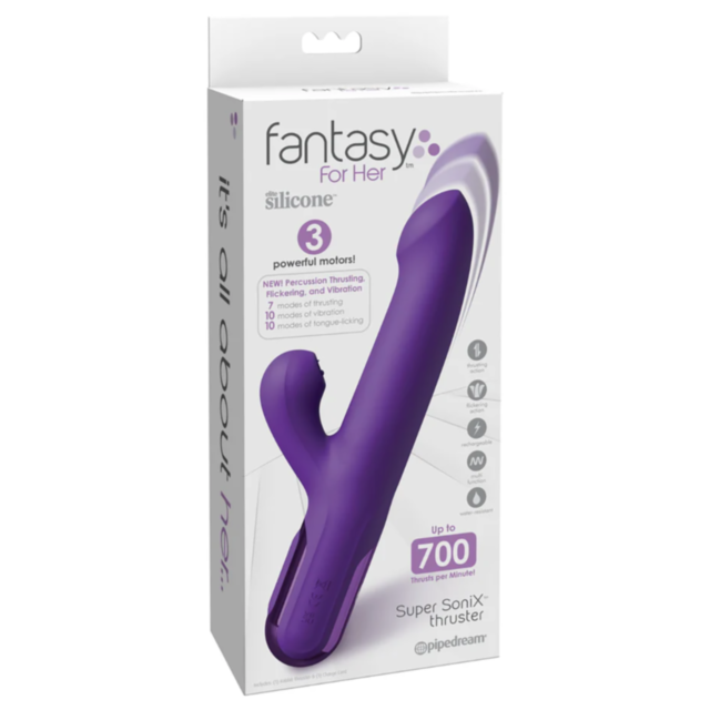 The Fantasy For Her Super SoniX Thruster Rabbit-Purple is a silicone vibrator with three powerful motors and thrusting modes, providing intense clitoral stimulation by delivering up to 700 thrusts per minute.