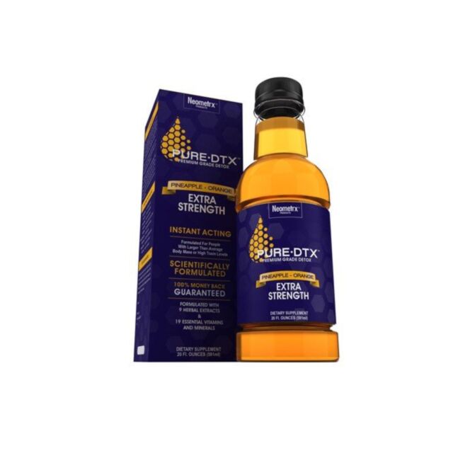 The product label for Pure DTX Extra Strength Pineapple Orange showcases a green background with a gray rocket icon inside a circle, symbolizing a launch into freshness. At the top, the words "No Image" are prominently displayed, echoing the detoxify and 