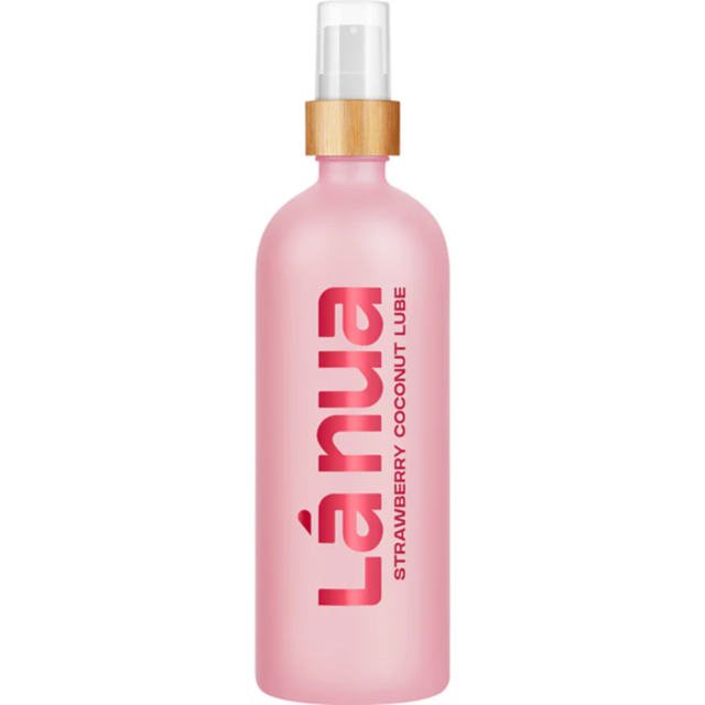 A 200 ml pink bottle of Lánua Strawberry Coconut Water-Based Lubricant features a wooden cap, with Lánua STRAWBERRY COCONUT LUBE displayed vertically, showcasing its natural ingredient formula.