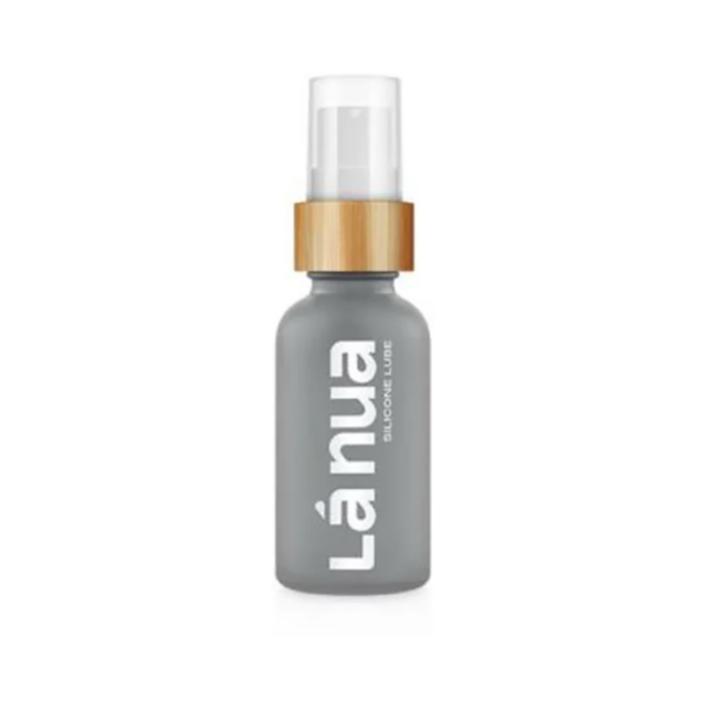 A small gray bottle labeled Unscented Silicone Lubricant-1oz, complete with a transparent cap and bamboo accent, offers an unscented silicone lubricant that also serves as a natural moisturizer for skin damage protection.