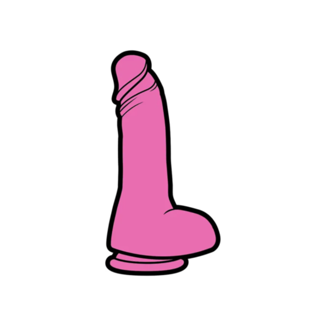 An enamel lapel pin featuring a pink, cartoonish depiction of a phallic-shaped object with a round base outlined in black, set against a plain white background. This whimsical design perfectly captures the playful essence of the Wood Rocket-Pink Dildo Pin