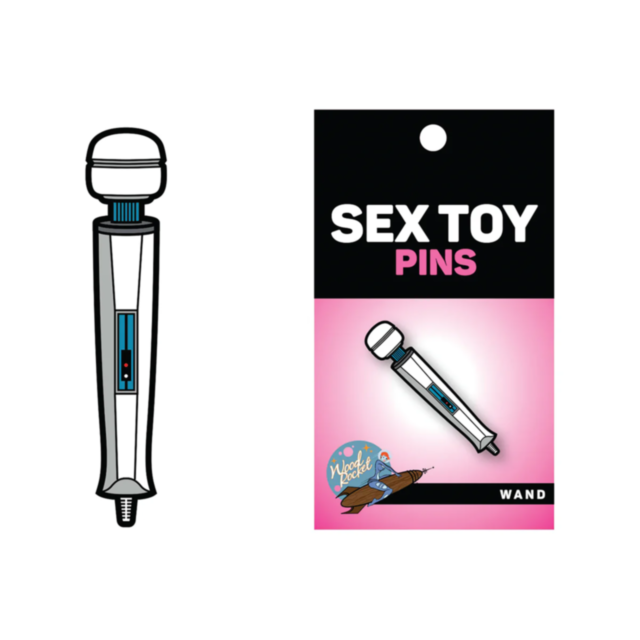 The illustration depicts the Wood Rocket-Magical Wand Pin on the left, featuring an enchanting white and silver magic wand design, alongside packaging labeled Sex Toy Pins that matches its elegance. Set against a black and pink backdrop, this piece includ