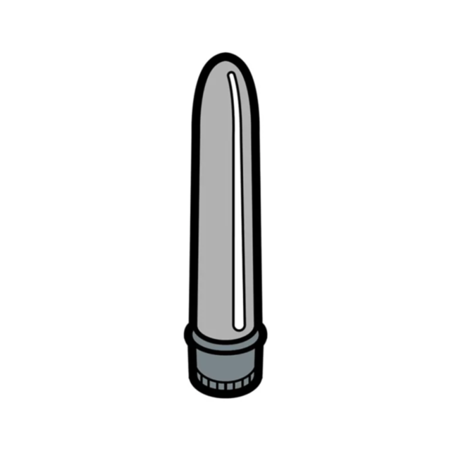 Illustration of a gray cylindrical object with a rounded top and grooved base, resembling a flashlight, centered on a white background. Its intriguing shape closely resembles that of the Wood Rocket-Gray Vibrator Pin.