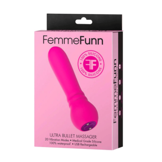 A stylized rocket and planet with stars are depicted on a green background, centered inside a circle. Above this cosmic scene, the words "FemmeFun-Ultra Bullet Pink" appear in light grey, reflecting its waterproof design and 20 vibration modes of a silico