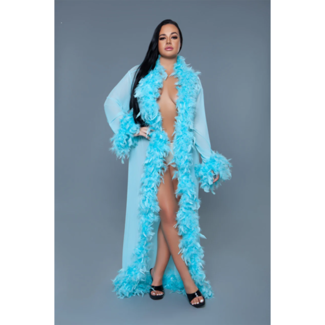 Sheer full-length robe with chandella boa feather trim Turq