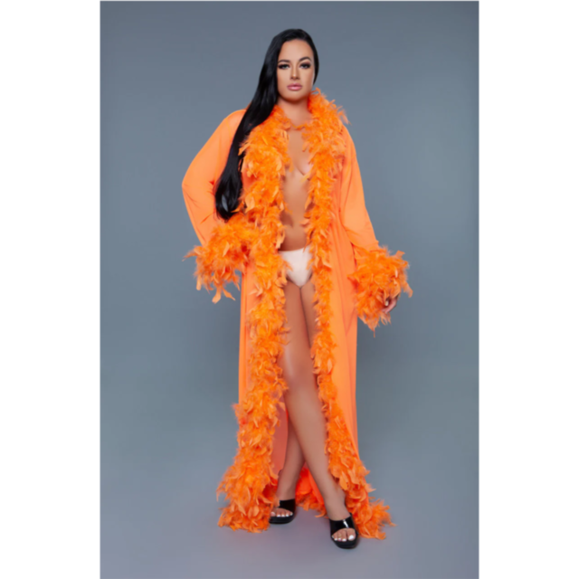 A background in green features a light gray rocket illustration within a circle. Above the rocket design, the text "No Image" appears, reminiscent of neon orange flair, echoing the elegance of the Sheer full-length robe with chandella boa feather trim Ora