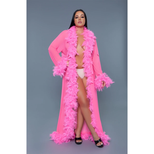 Sheer full-length robe with chandella boa feather trim Pink