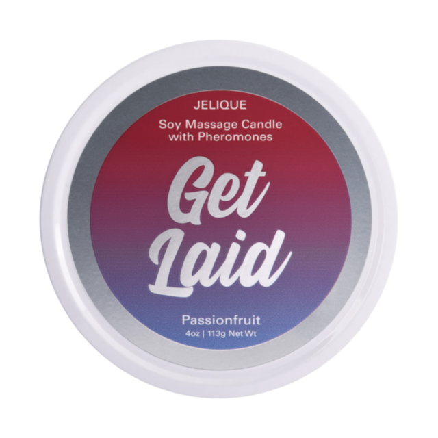 A green graphic featuring a stylized light gray rocket soaring through a circular design captures the invigorating essence of the Massage Candle with Pheromones get laid passion fruit. The words No Image are displayed at the top.