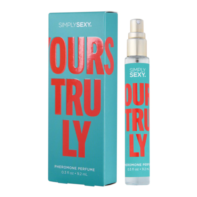 A dark green background features a light grey rocket icon enclosed in a circle, with stars surrounding it. Above the icon is the text "Simply Sexy Pheromone Perfume yours truly," evoking an air of mystery similar to a tantalizing scent.
