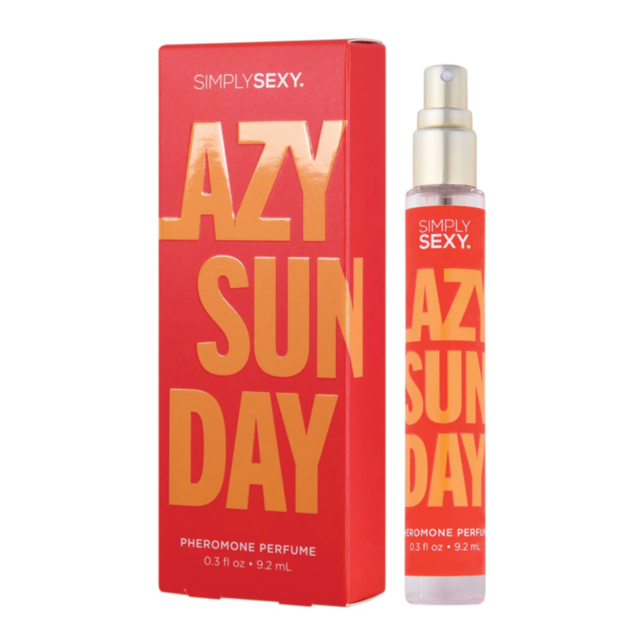 A depiction of a rocket ship inside a circle with stars and a planet, radiating an aura of distinctive fragrance, labeled Simply Sexy Pheromon Perfume Lazy Sunday on a green background.