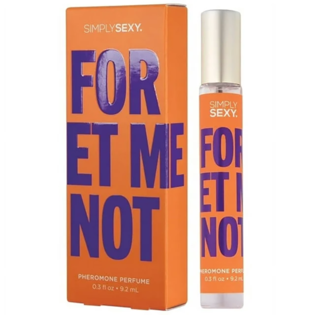 A graphic illustration showcases a rocket soaring through space, with a stylized planet and stars forming the scenic backdrop. The words "Simply Sexy Pheromone Oil Roll On Forget Me" are elegantly displayed above on a green background, enhancing the cosmi