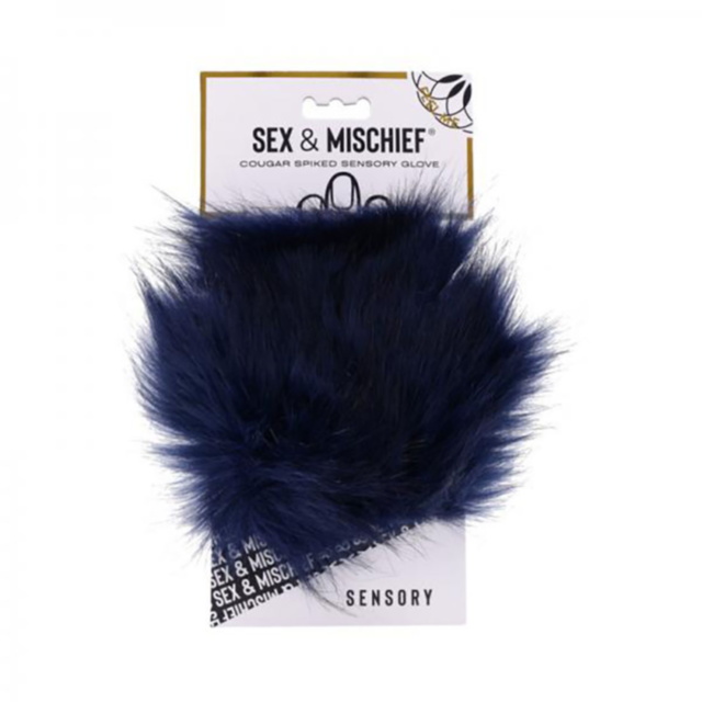 A package includes the Sex & Mischief Cougar Spiked Sensory Glove, crafted in dark blue faux fur and adorned with gold spikes for enhanced sensory stimulation. The packaging sports straightforward text and a sleek design.