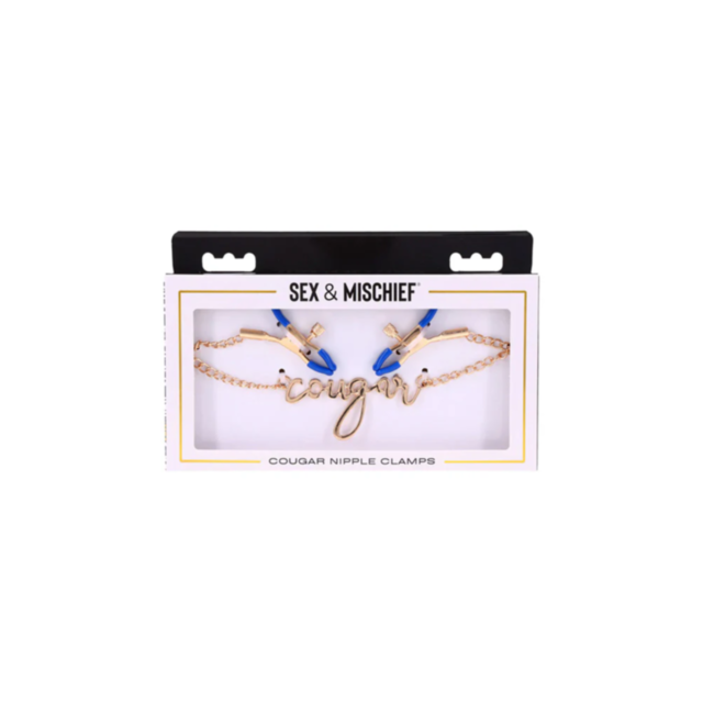 The Cougar Nipple Clamps feature a luxurious gold chain that adds an elegant touch to the product, complemented by its stunning packaging adorned with blue accents. With adjustable tension, these clamps provide both comfort and excitement, making them a s