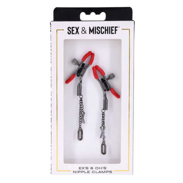 The Exs & Ohs Nipple Clamps feature adjustable tension metal clamps with red tips, connected by chains decorated with silver X and O charms, all packaged as part of the Sex & Mischief collection.