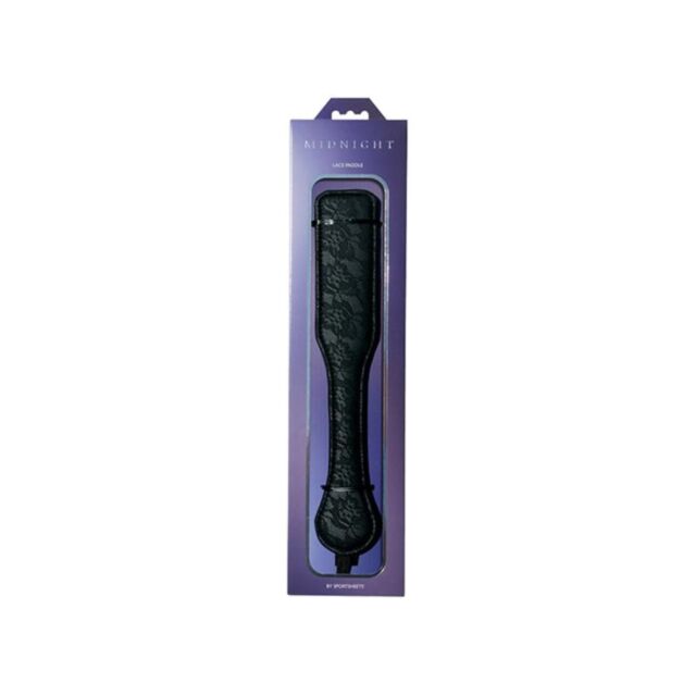 A placeholder image with a green background features a rocket icon inside a circle. Above the icon, the text reads "No Image," whimsically hinting at playful romance by setting an imaginative tone for the Sportsheet Midnight Collection Lace Paddle.