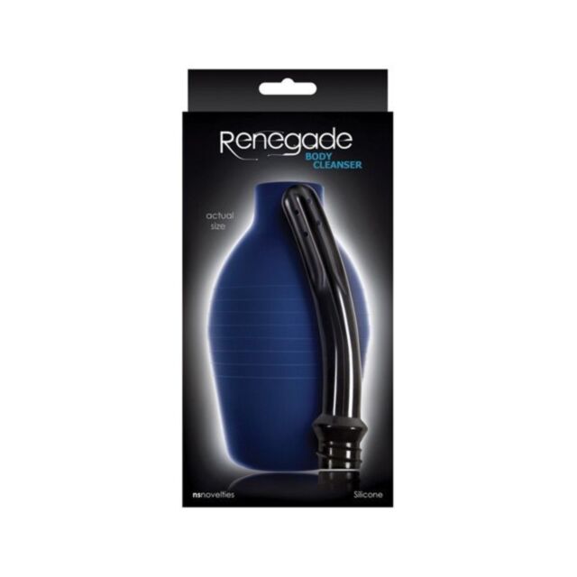 A green square displays a gray rocket featuring a flexible nozzle within a circular emblem surrounded by stars, with the text "Renegade Body Cleanser Blue" written above the emblem.