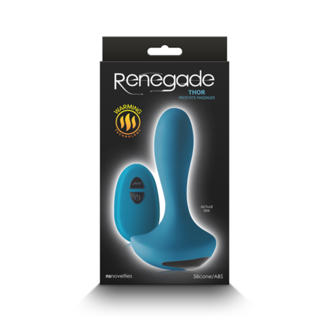A teal background showcases a gray illustration of a rocket, similar to a remote-controlled voyage, launching from a circular frame and encircled by stars. Above the illustration, the text reads "NS-Renegade-Thor Plug-Teal.