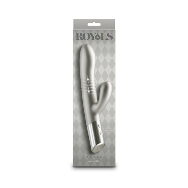 A gray rocket and planet emblem, symbolizing innovation, is centered on a vibrant green background with stars. Above the emblem, "NS-Royals Grace Thrusting Rabbit-Metallic Champagne" is elegantly written in white. This design could captivate even the most