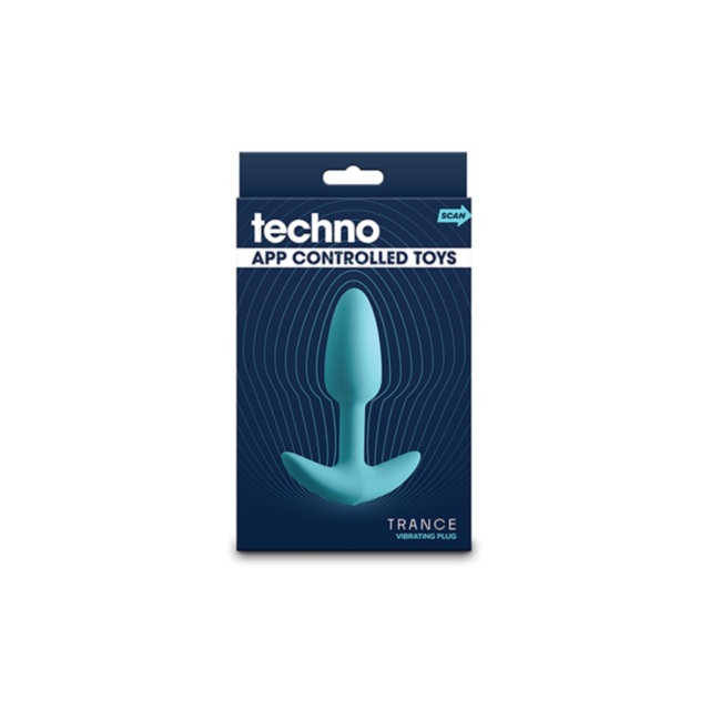 The NS-Techno App Controlled Plug Trance Blue is presented in packaging that highlights its sleek blue vibrating design. It is set against a dark blue backdrop with concentric line patterns, encapsulating modern innovation and style.