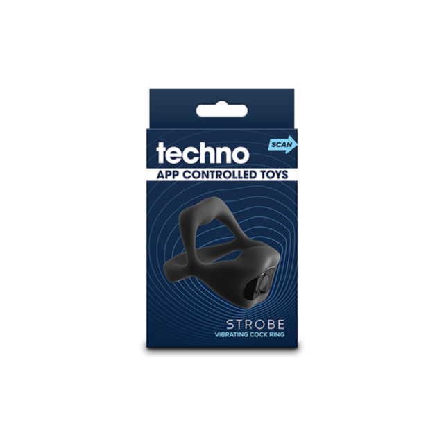 The NS-Techno App Controlled Vib CR Strobe-Black is packaged in sleek packaging, predominantly dark blue with white lettering. The box prominently features the app-controlled black device on the front, highlighting its cutting-edge convenience and design.