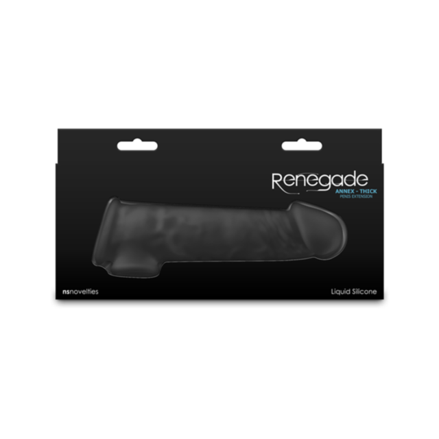 The NS-Renegade-Annex Thick Extension in black features sleek packaging with a clear window, premium liquid silicone sleeves, and minimalist white text and graphics on a stark black background for an understated yet bold look.