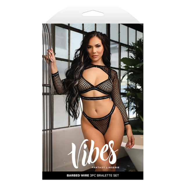 A green square showcases the message "No Image" next to a rocket circling a planet, adorned with barbed wire elastic, all amid sparkling stars. Product: Barbed Wire Bralette Shrug Panty ML.