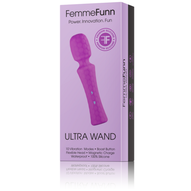 A purple graphic highlighting the FemmeFun-Ultra Wand, showcasing a stylized rocket ship with stars and a planet, alongside the text "No Image." Made from premium quality silicone, this ultra wand design promises both aesthetic appeal and powerful vibrati