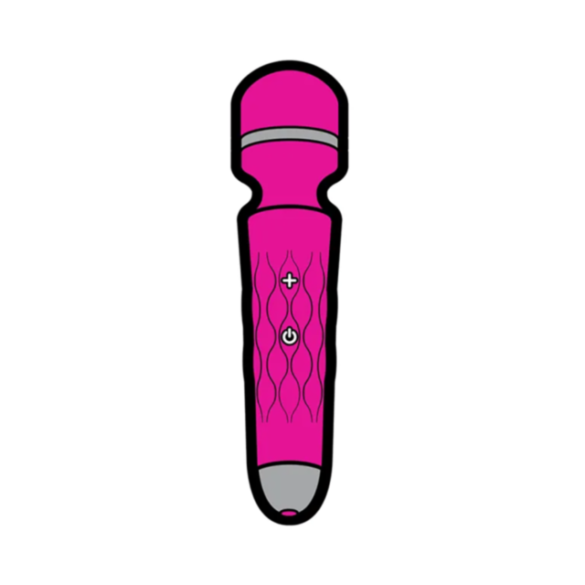 Depiction of a pink handheld microphone that doubles as a chic accessory, featuring wave patterns and three front buttons. This design, reminiscent of the Wood Rocket-Pink Wand Pin, is striking against the plain white background.