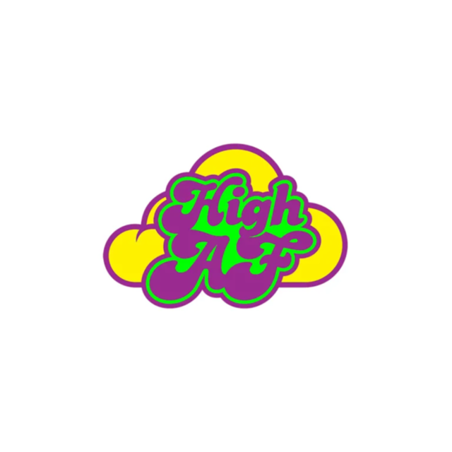 The Wood Rocket-High AF Pin is a vibrant and stylized enamel lapel pin that showcases a cloud design with the phrase "High AF" in bold green and purple letters, outlined in pink. A bright yellow background enhances its playful and eye-catching appeal.