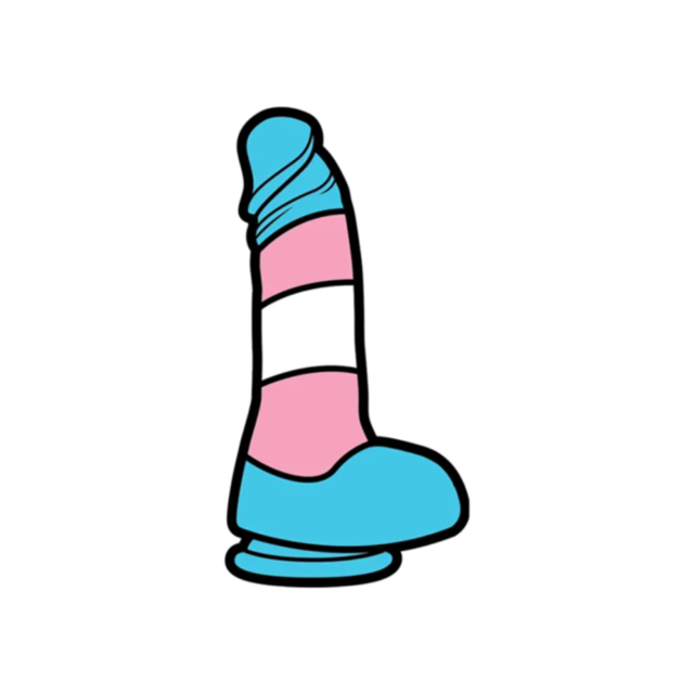 A stylized illustration of a dildo pin designed in the vibrant colors of the transgender pride flag: blue, pink, and white. Embracing trans pride, the Wood Rocket-Trans Pride Dildo Pin has a cartoonish shape and is displayed against a plain white backgrou